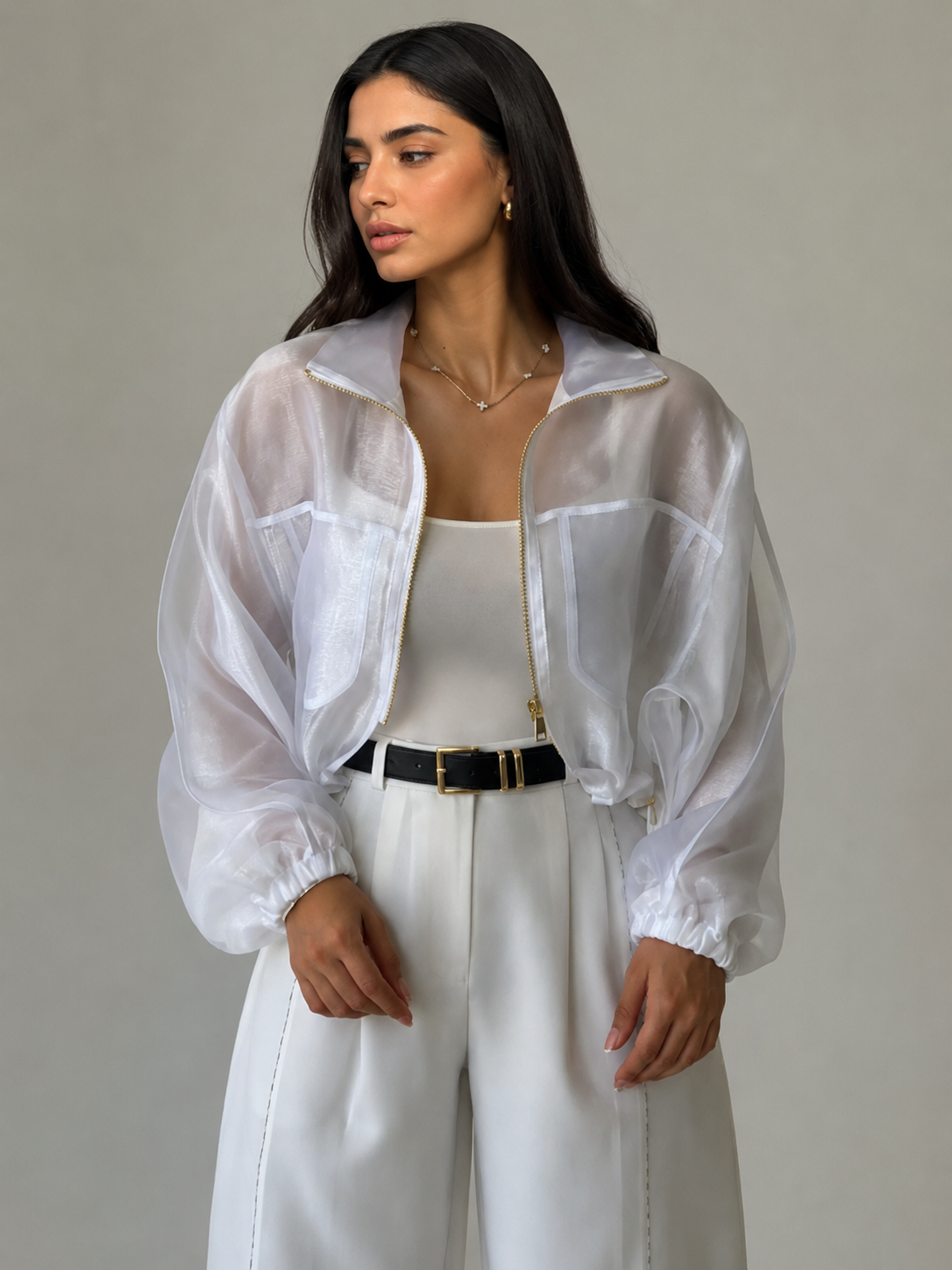 Leganci Ivory Organza Zip Jacket