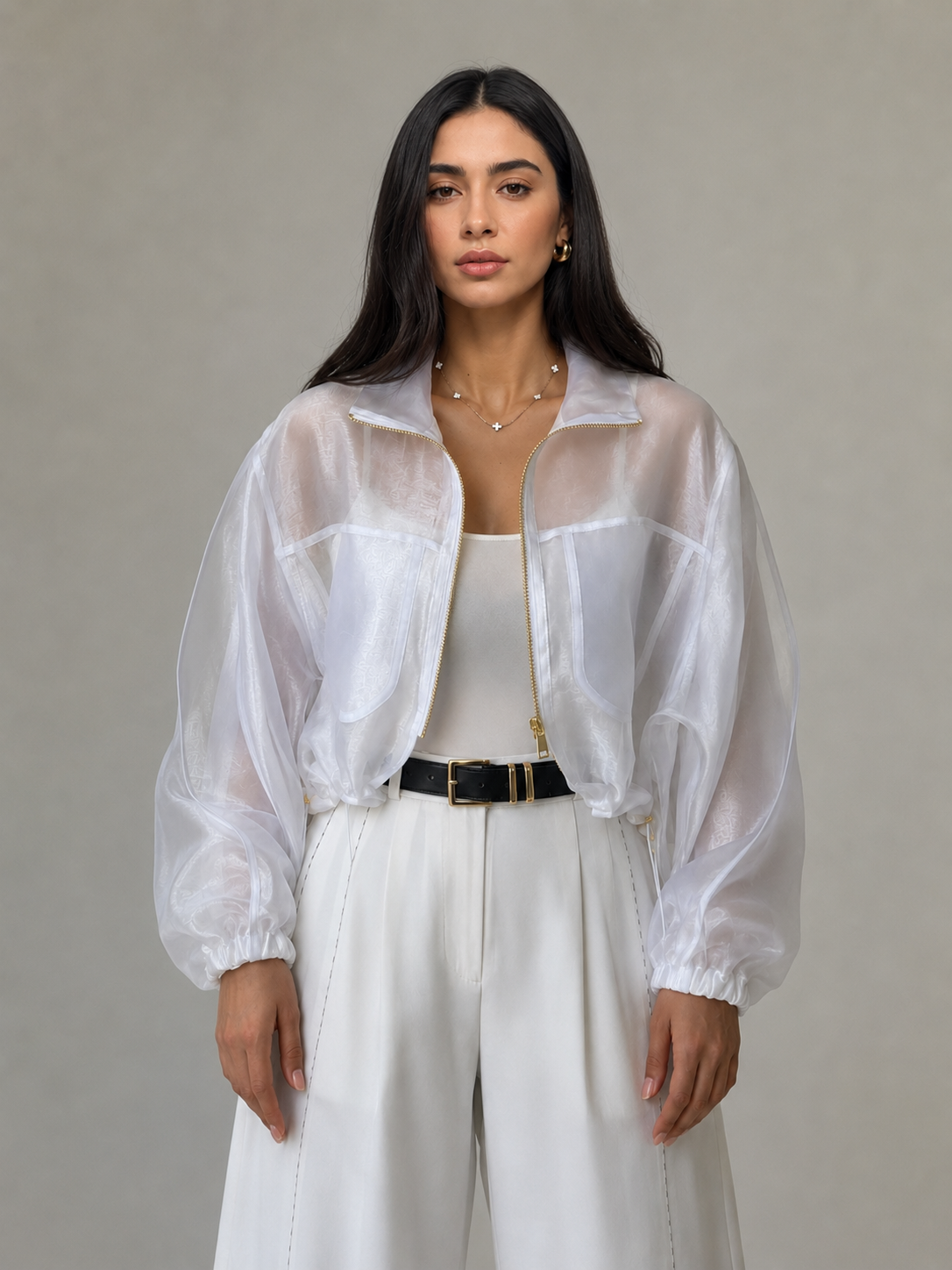 Leganci Ivory Organza Zip Jacket