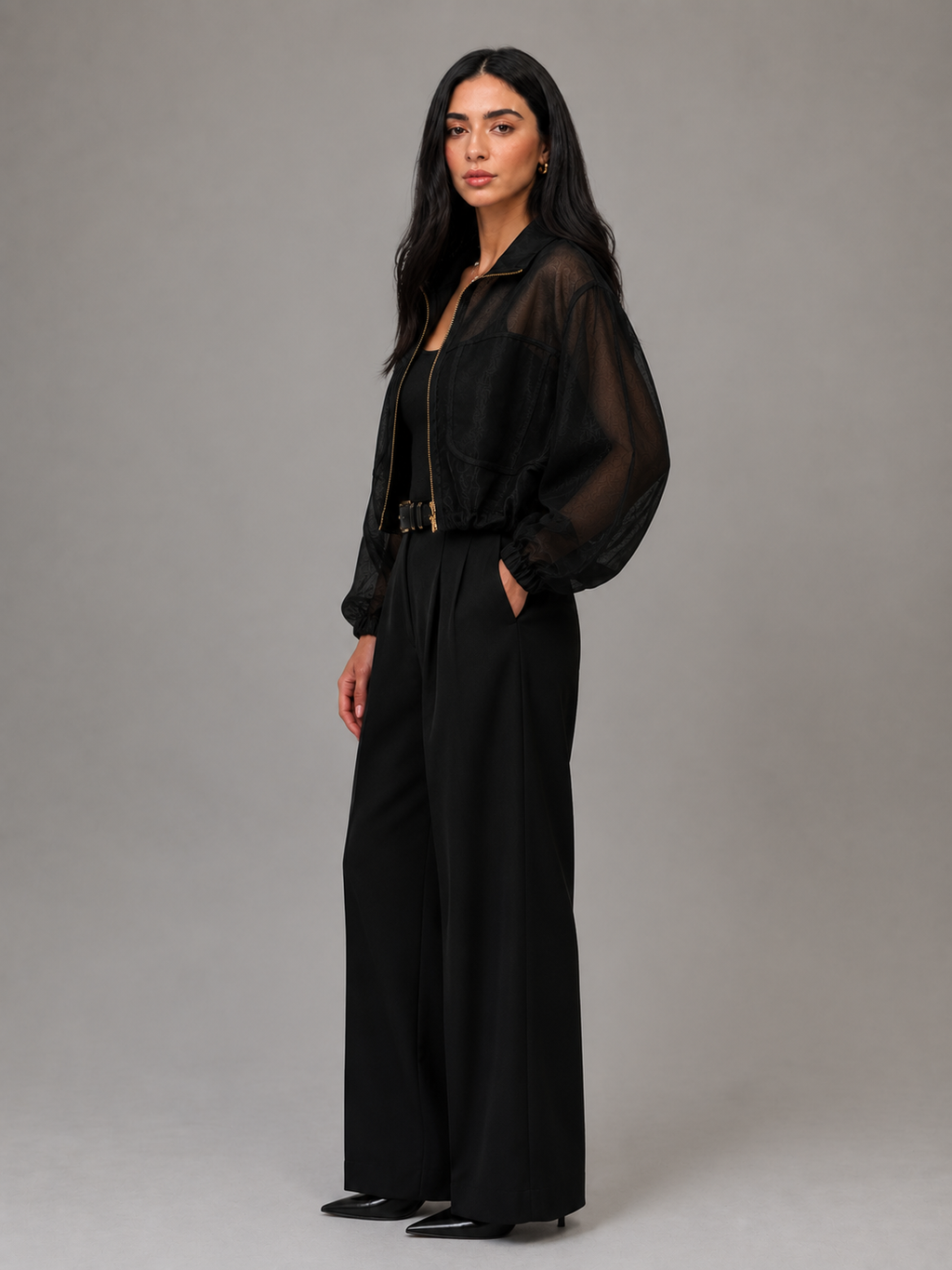 Noir Sheer Utility Bomber Jacket
