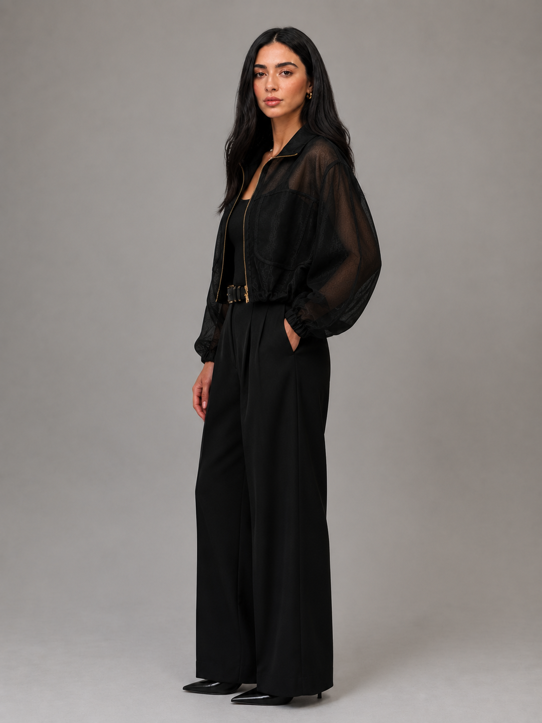 Noir Sheer Utility Bomber Jacket