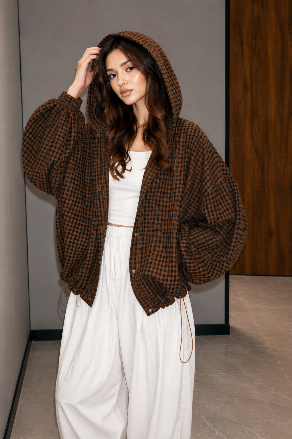 Women's Oversized Hooded Check Shirt Jacket