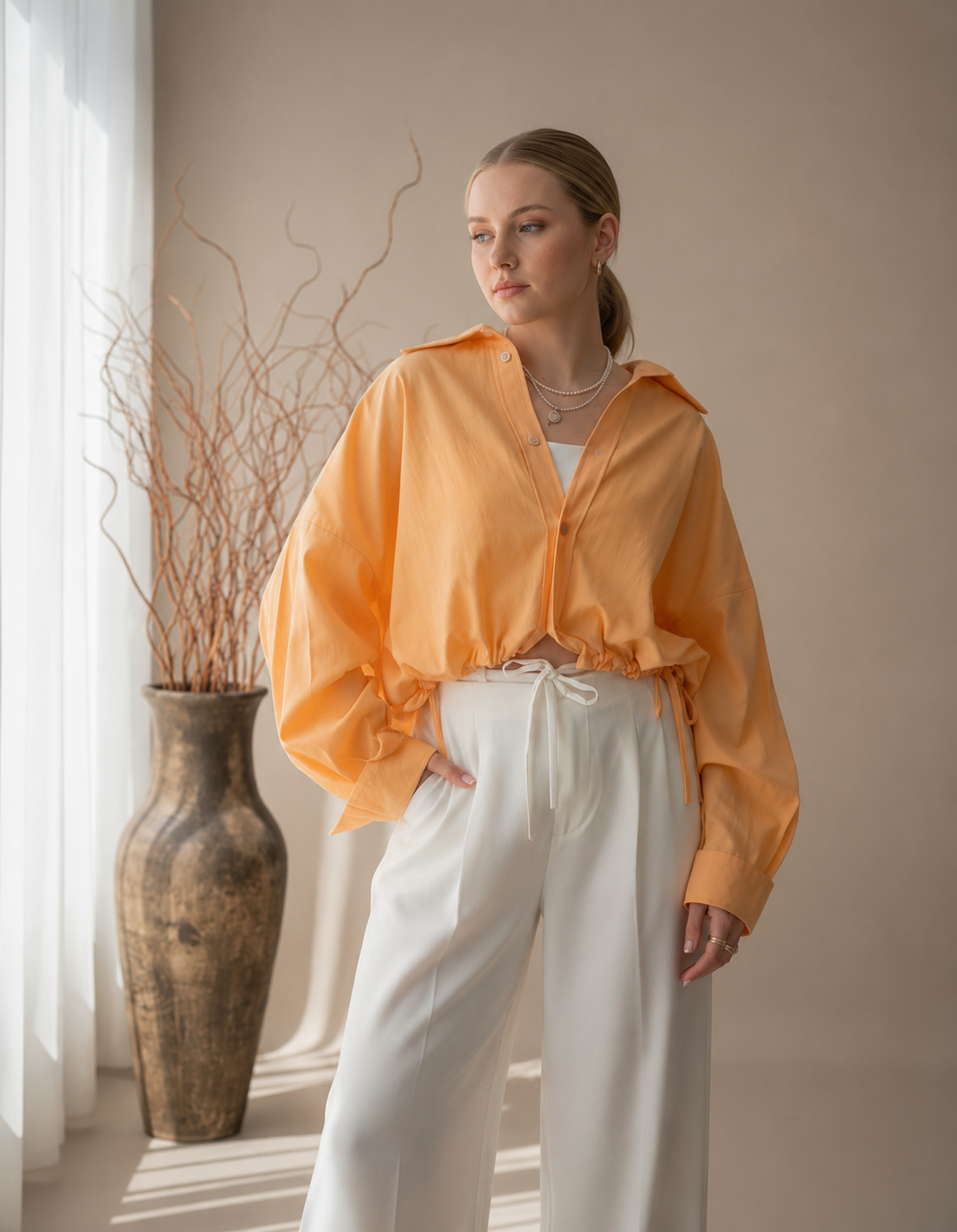 Aurora Oversized Drawstring Crop Shirt – Peach Orange