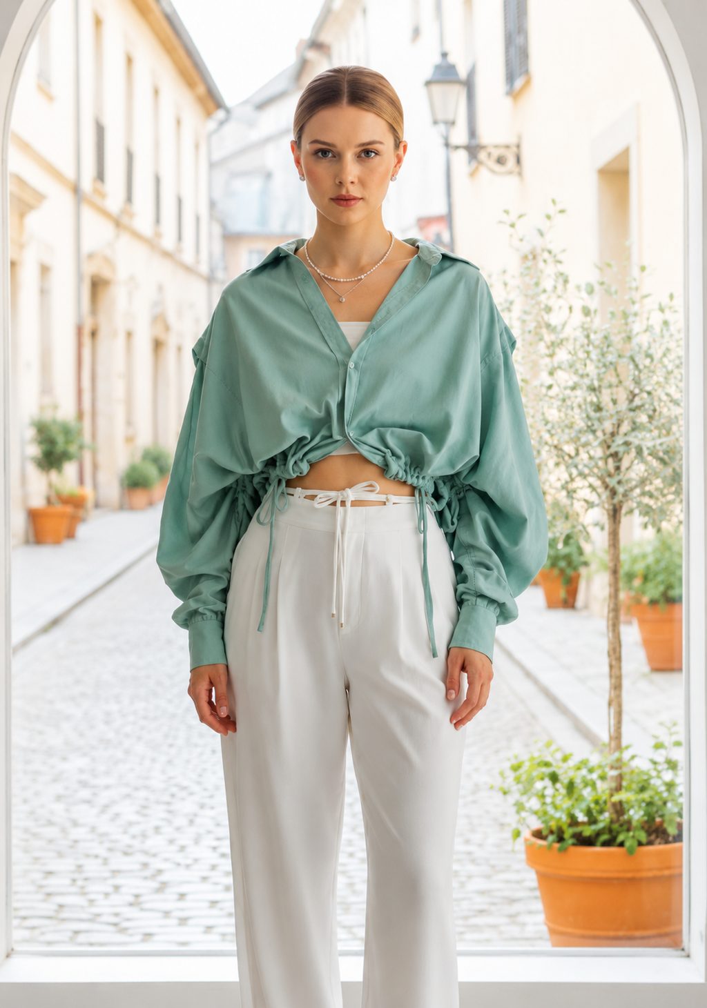 Sage Aura Ruched Crop Shirt