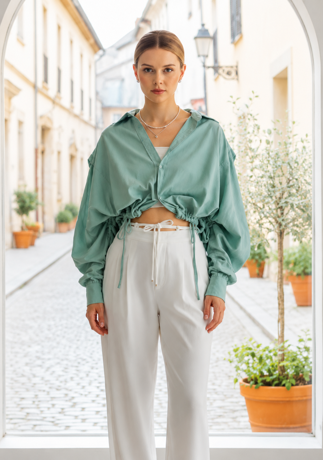 Sage Aura Ruched Crop Shirt