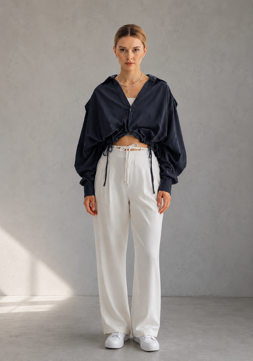 Midnight Muse Drawstring Crop Shirt