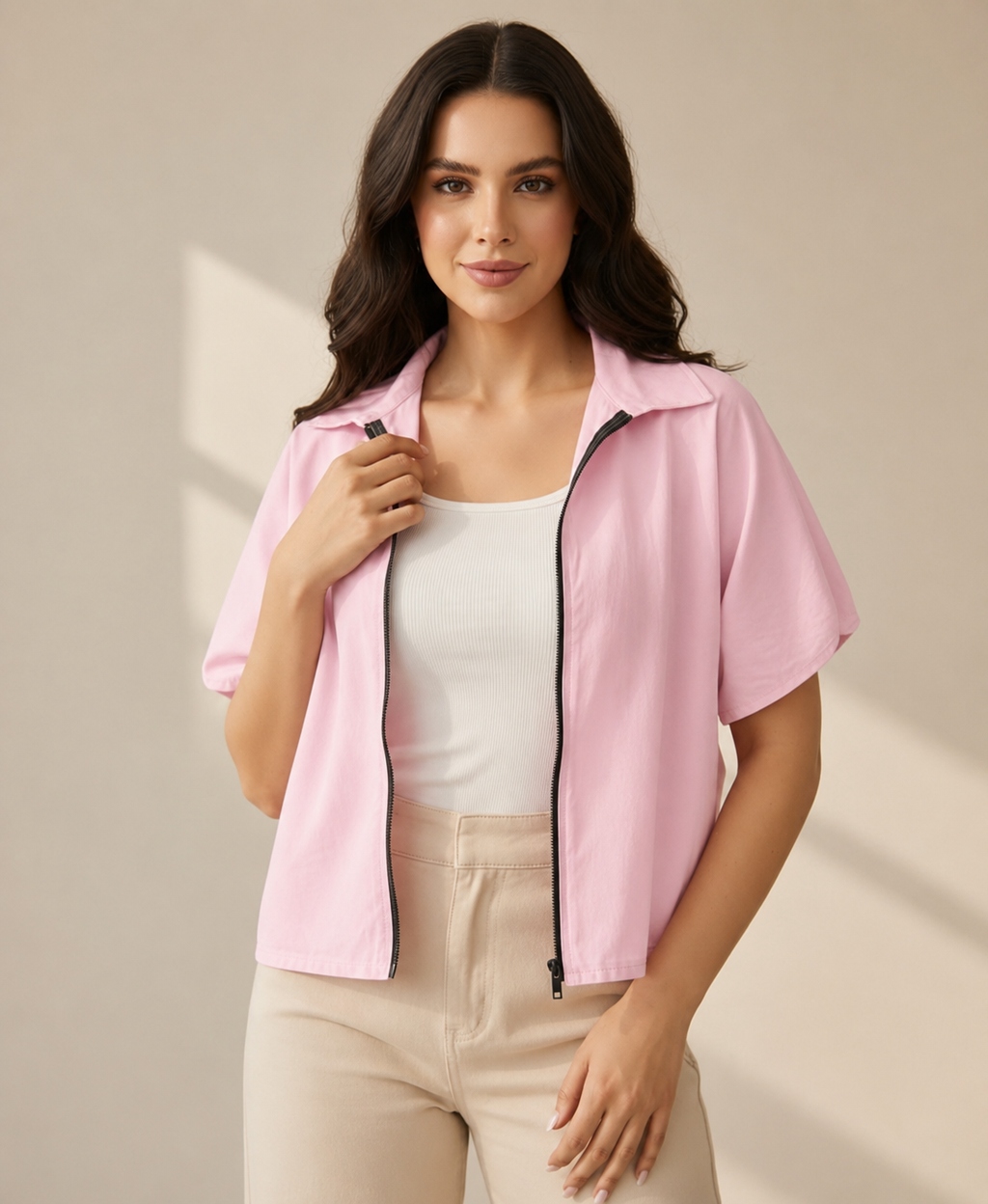 Blush Breeze Cotton Zip-Up Shirt