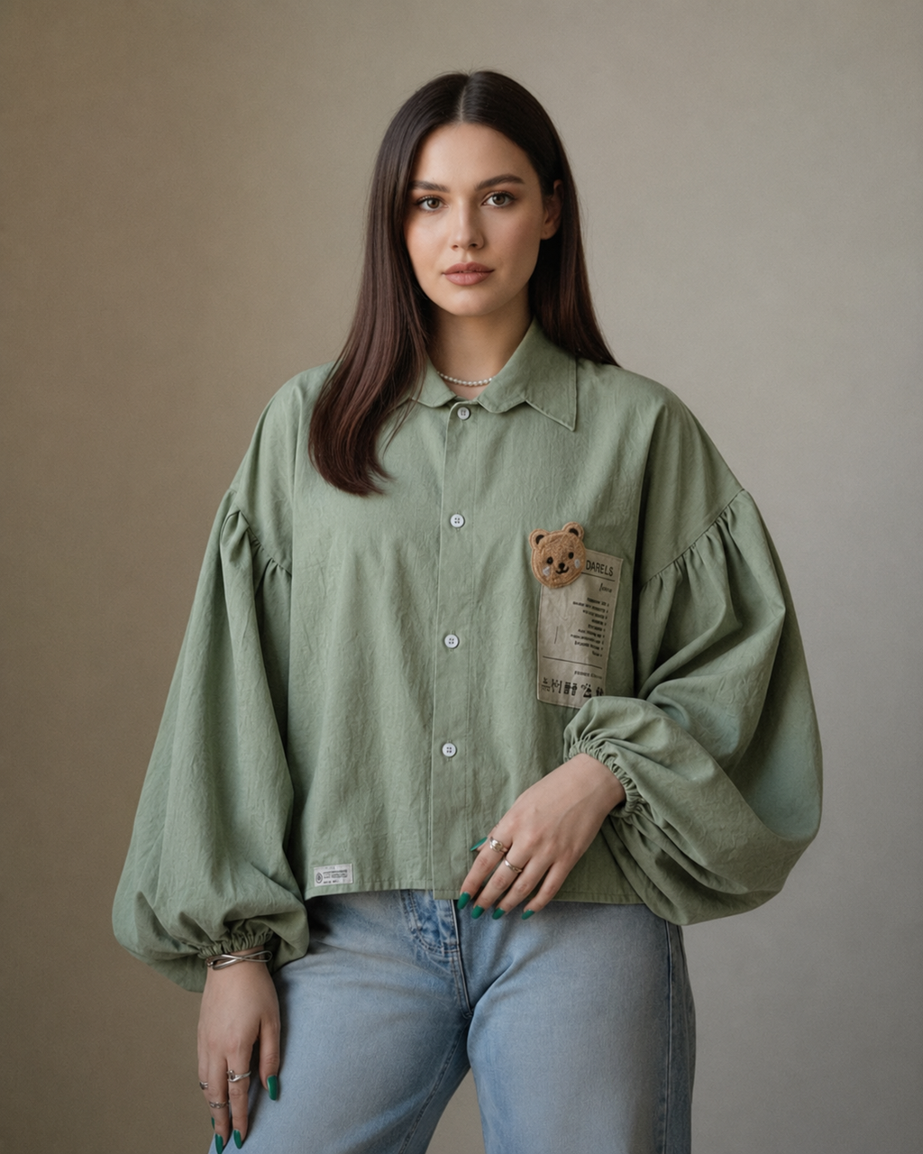 Sage Green Teddy Patch Balloon Sleeve Shirt