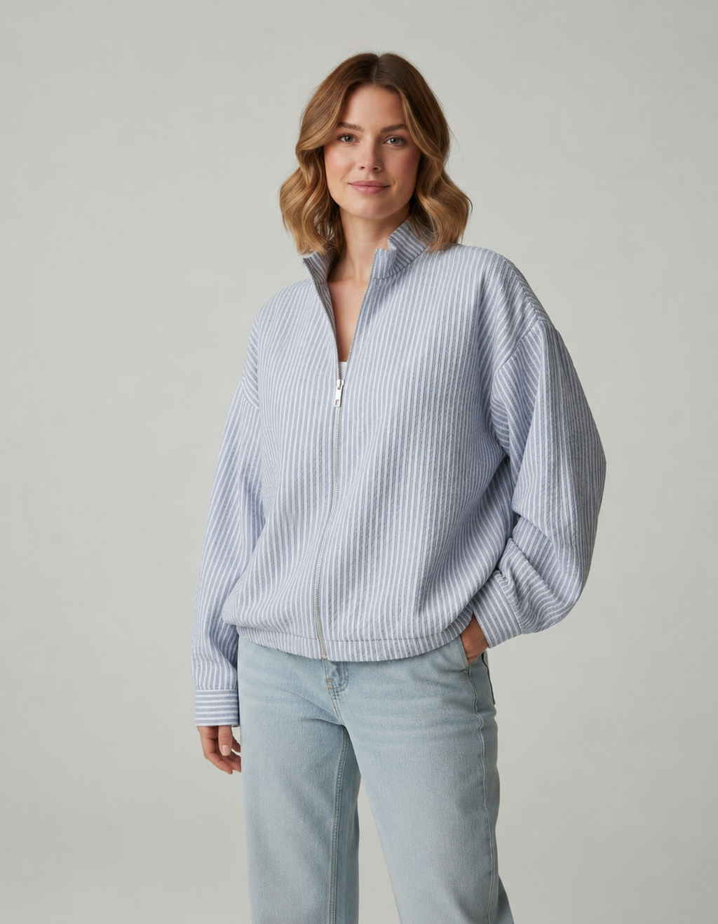 Sky Mist Oversized Striped Zip Shirt