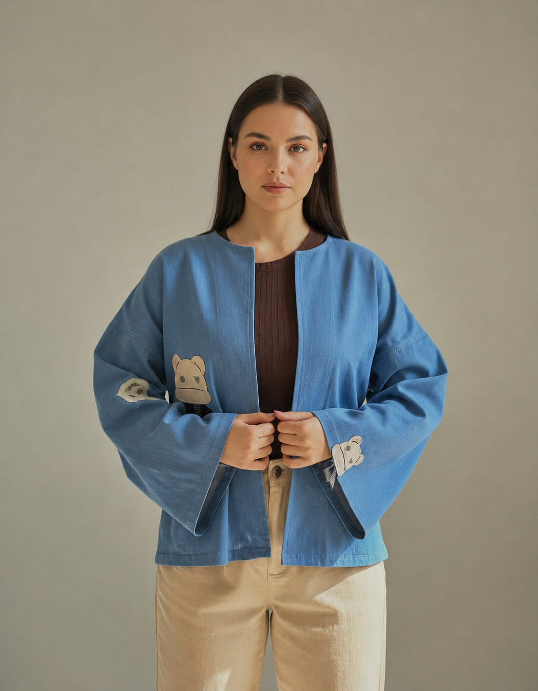 Sky Blue Bear Patch Cotton Oversized Shirt