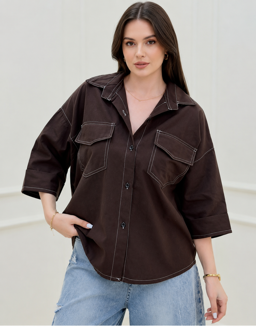 Mocha Contrast Stitch Oversized Shirt