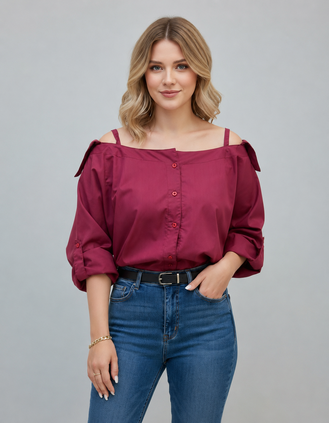 Women's Burgundy Off-Shoulder Puff Sleeve Shirt