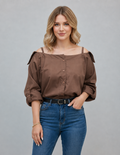 Women's Brown Off-Shoulder Puff Sleeve Shirt