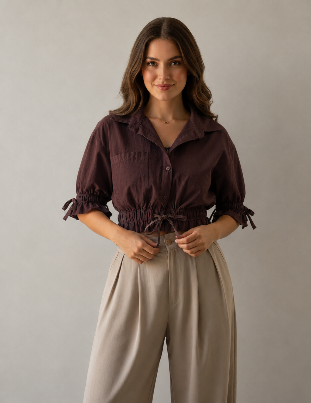 Cocoa Gathered Waist Crop Shirt