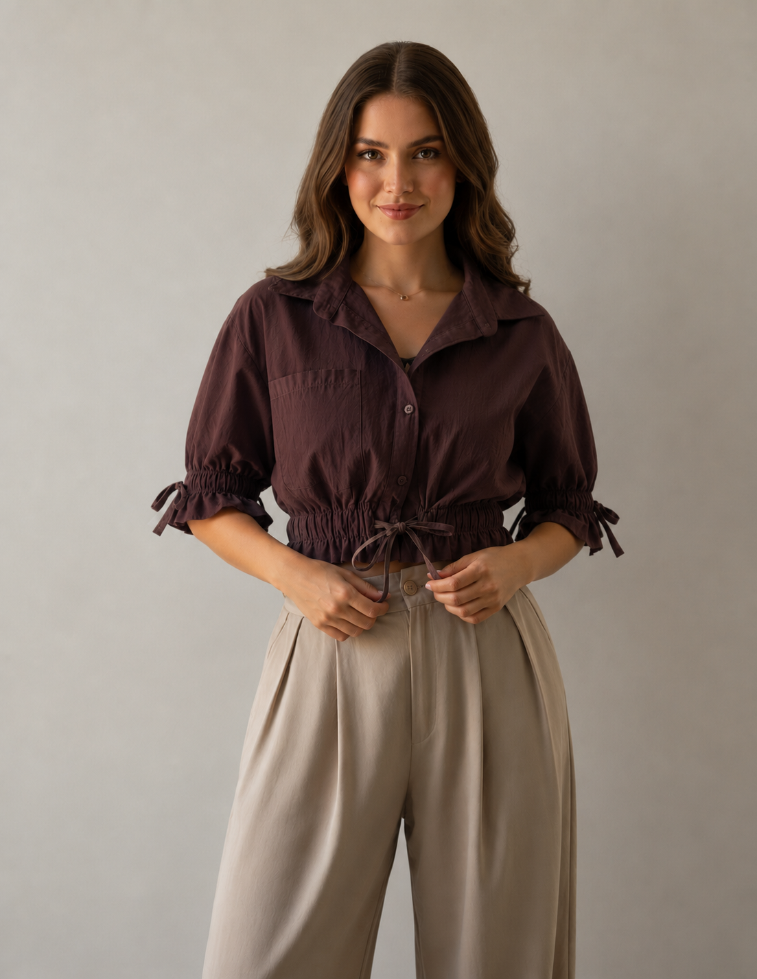 Cocoa Gathered Waist Crop Shirt