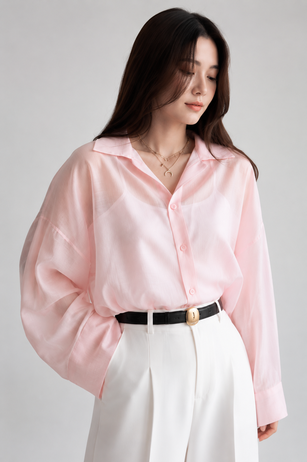 Elegant Oversized Organza Shirt – Soft Pink