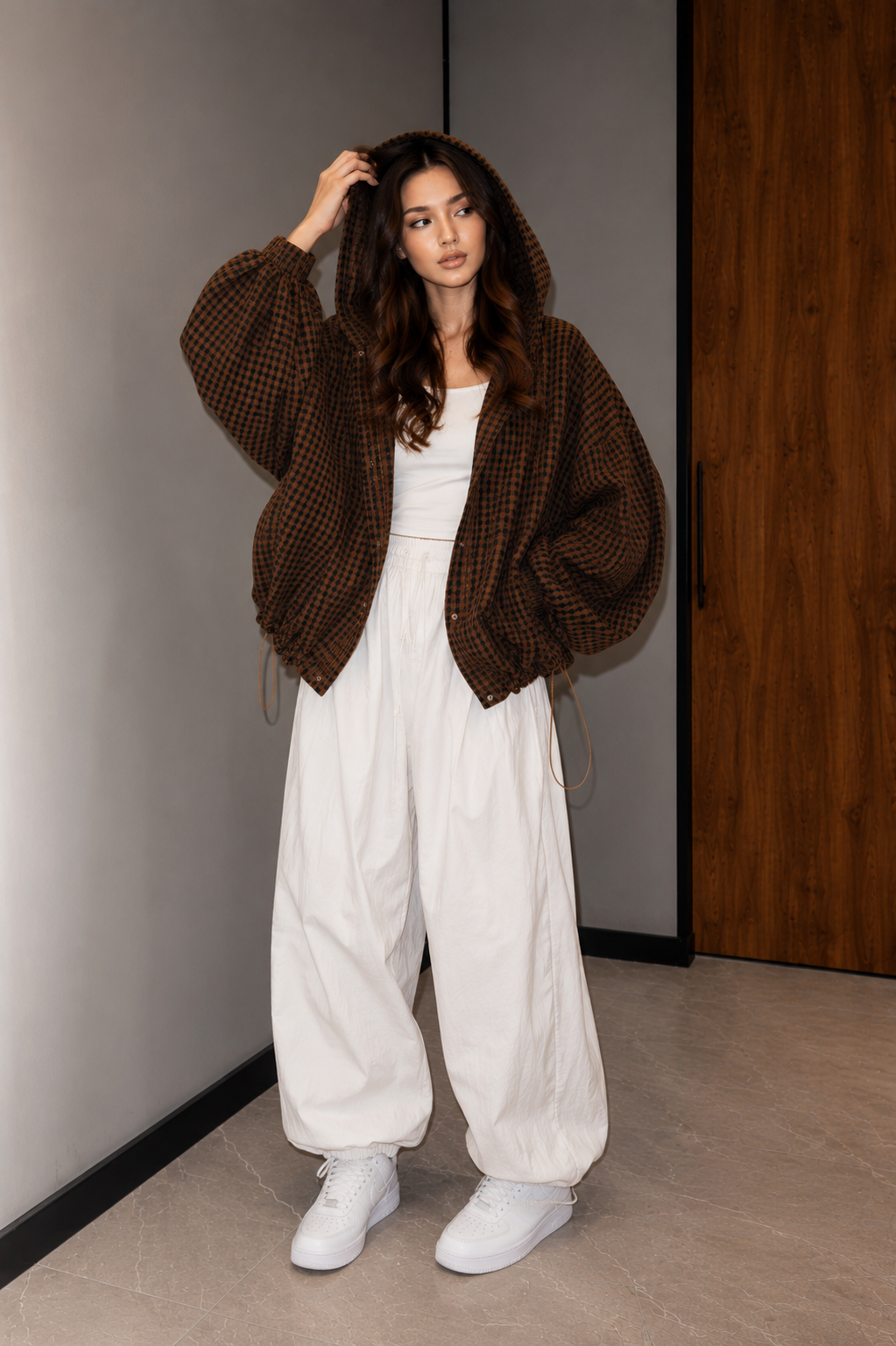 Women's Oversized Hooded Check Shirt Jacket
