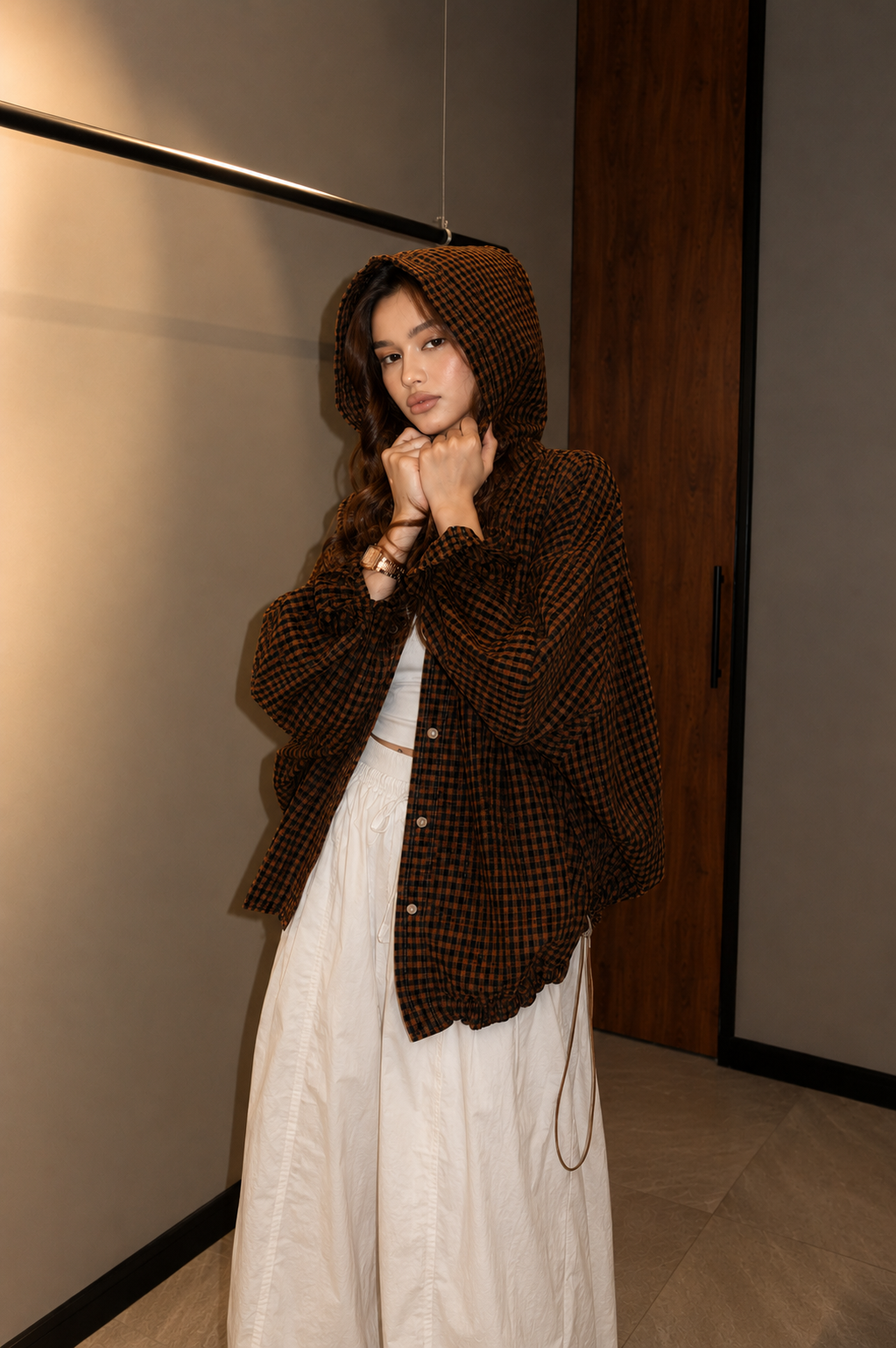 Women's Oversized Hooded Check Shirt Jacket