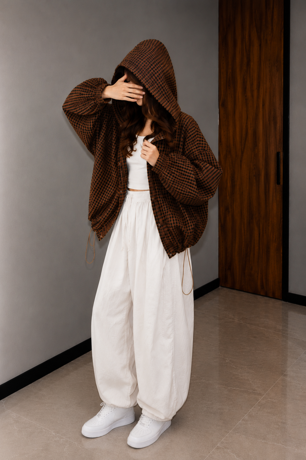 Women's Oversized Hooded Check Shirt Jacket