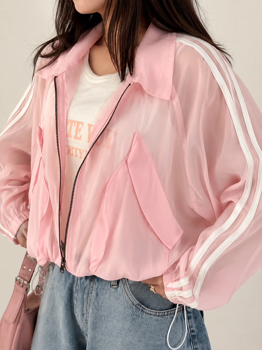 Candy Pink Sheer Bomber Jacket Shirt