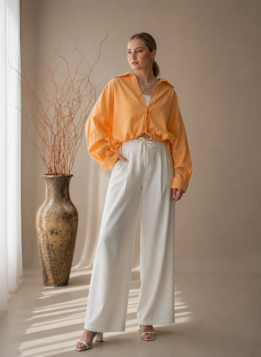 Aurora Oversized Drawstring Crop Shirt – Peach Orange
