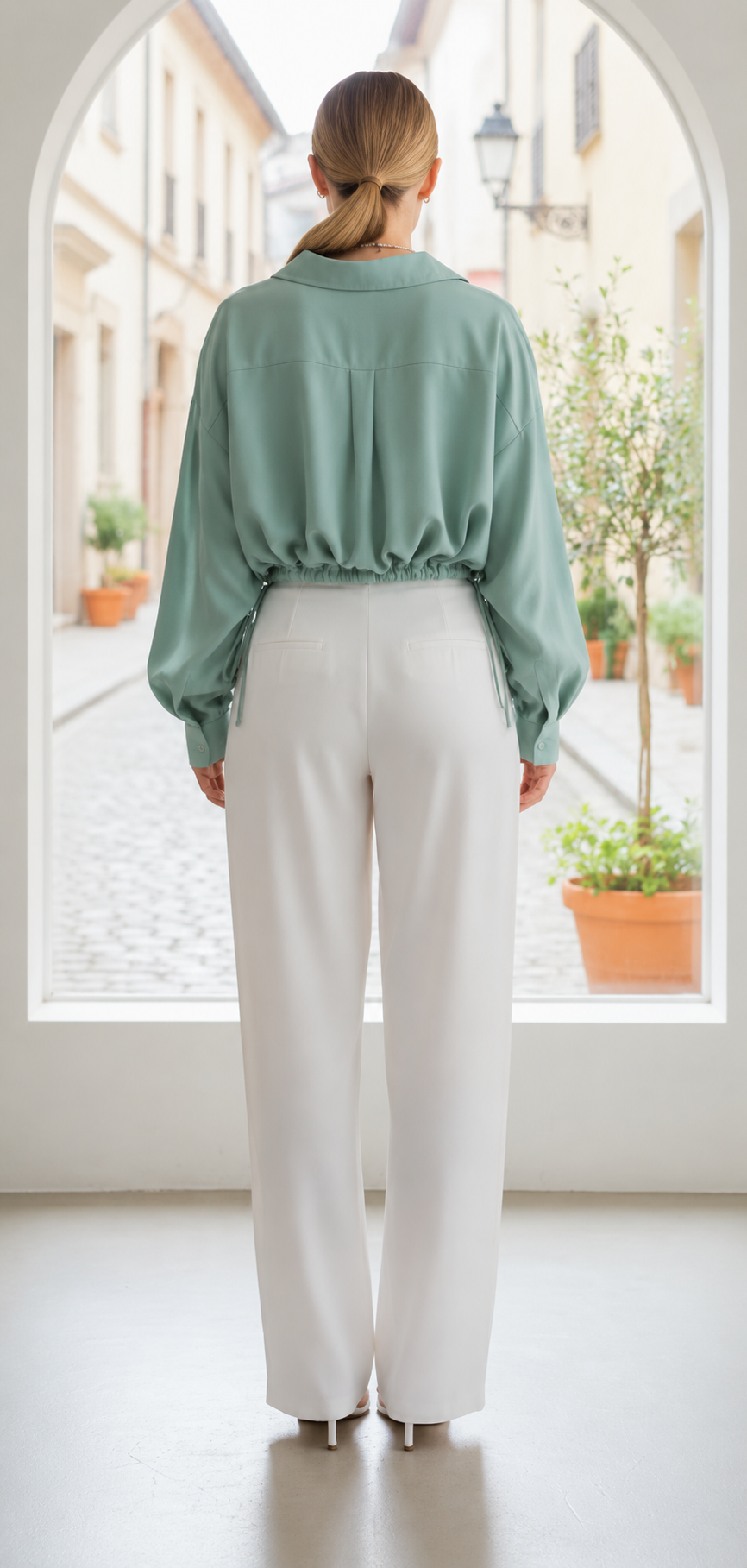 Sage Aura Ruched Crop Shirt