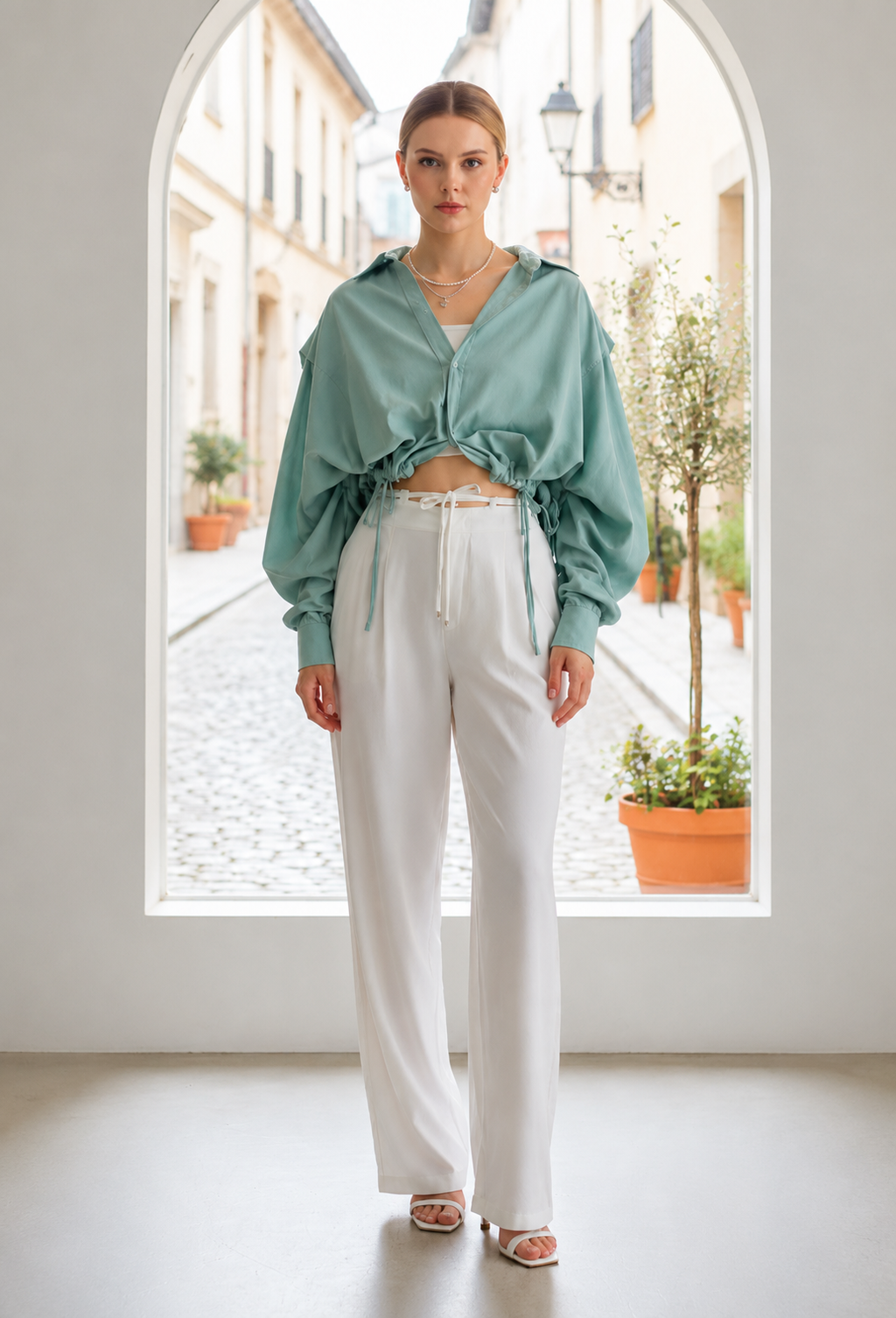 Sage Aura Ruched Crop Shirt