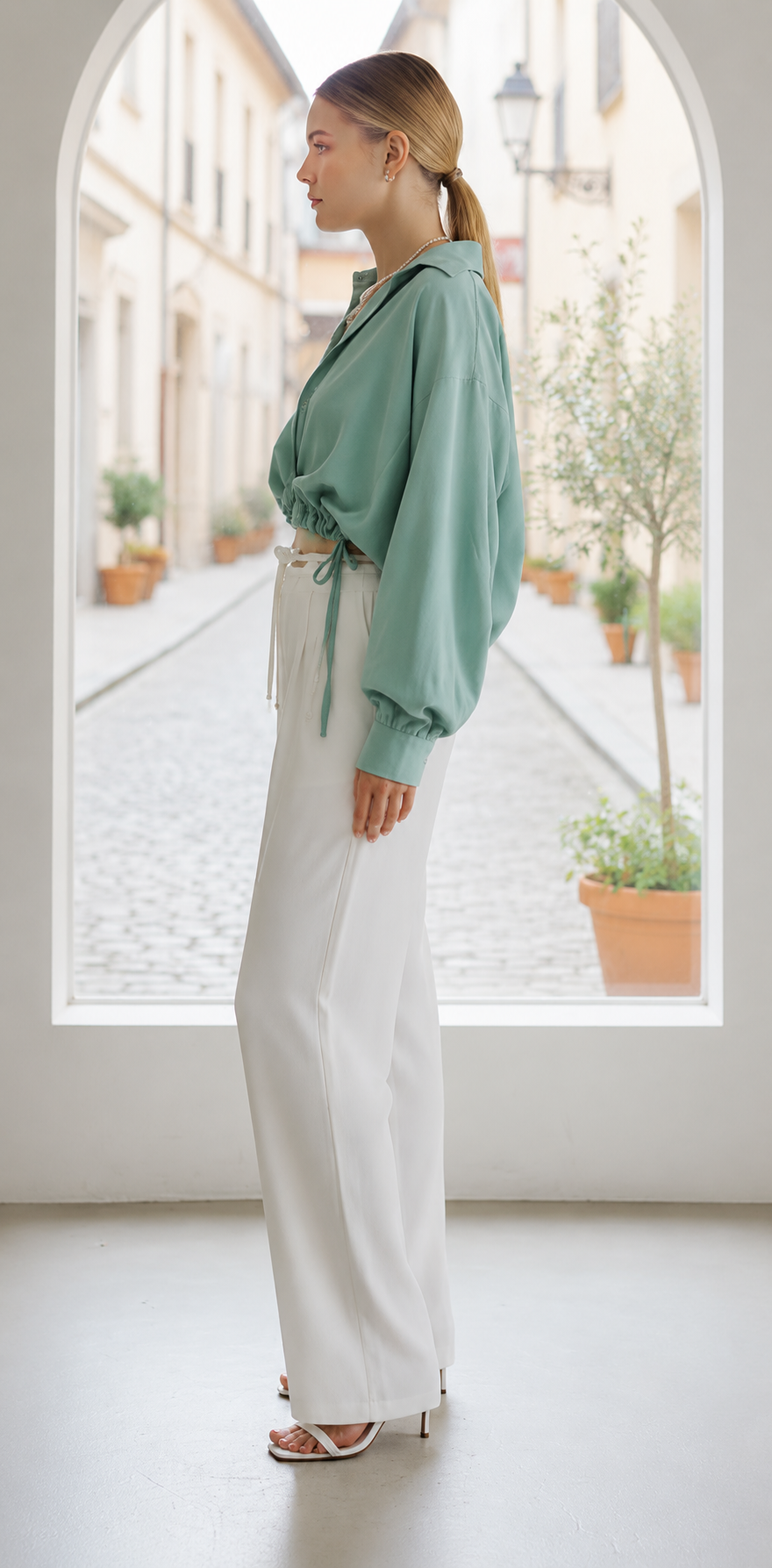 Sage Aura Ruched Crop Shirt