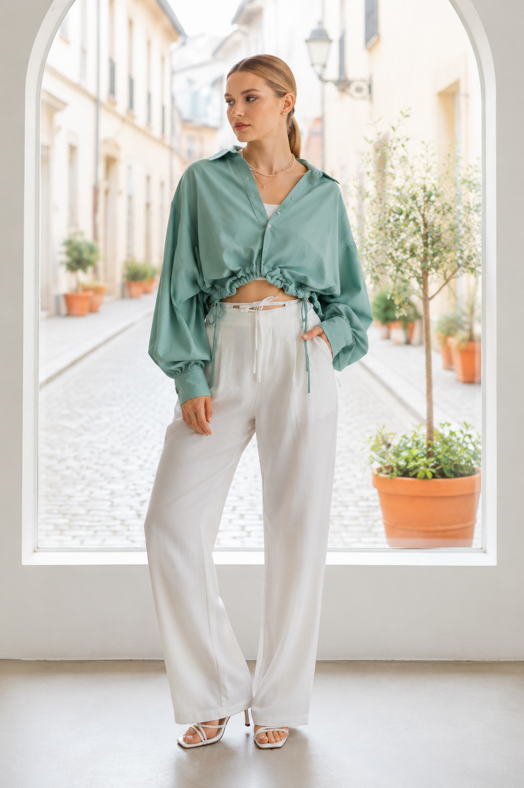 Sage Aura Ruched Crop Shirt