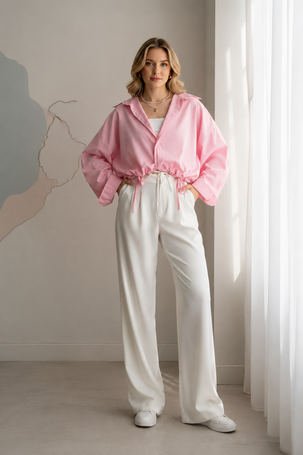 LEGANCI Blush Drawstring Crop Shirt