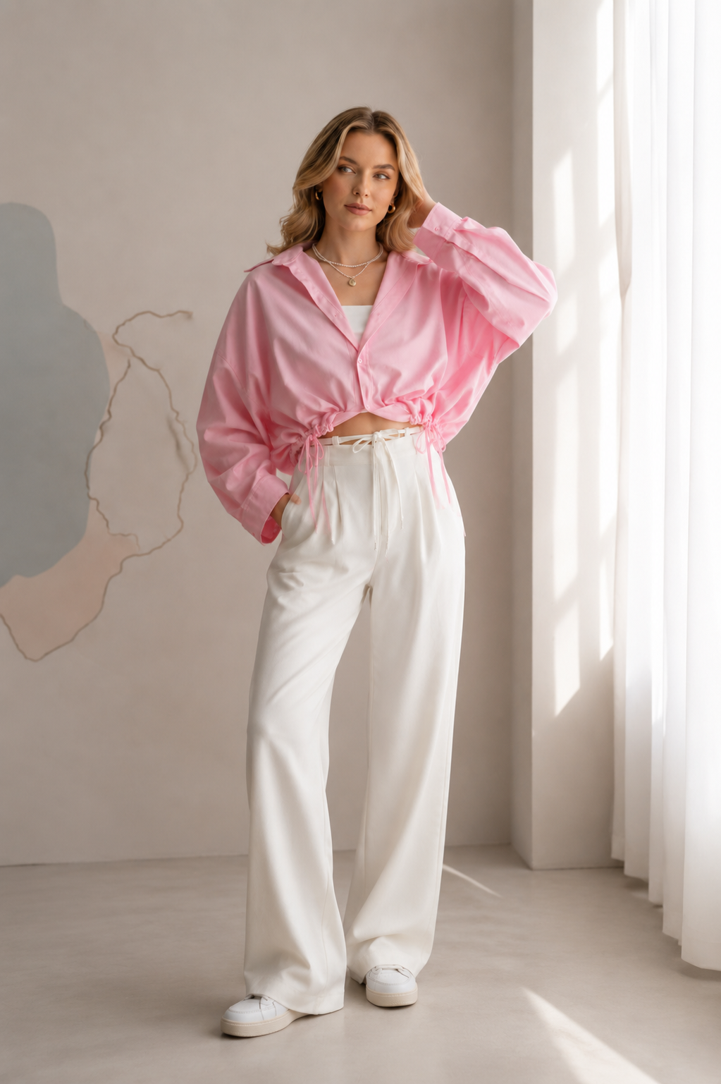 LEGANCI Blush Drawstring Crop Shirt