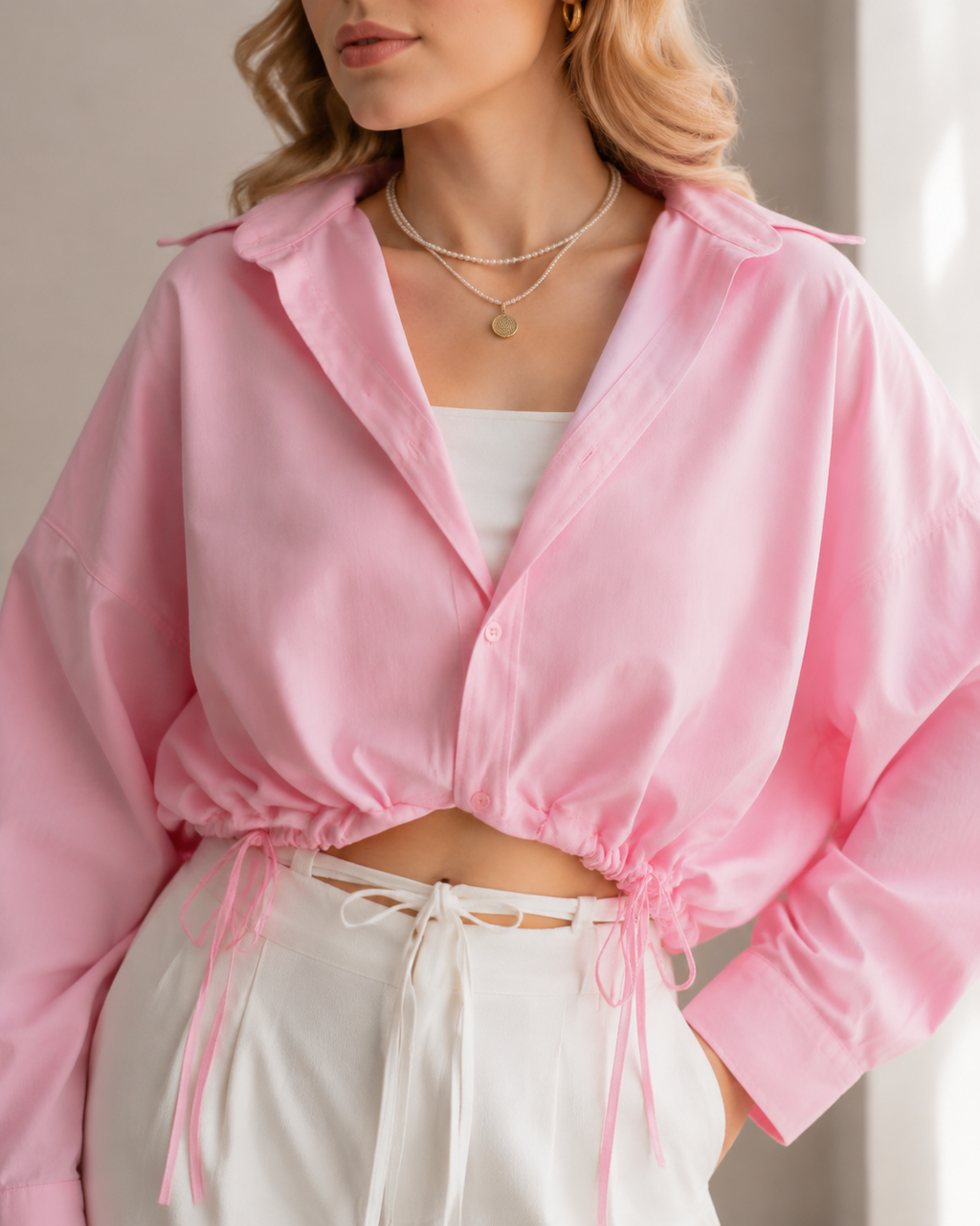 LEGANCI Blush Drawstring Crop Shirt