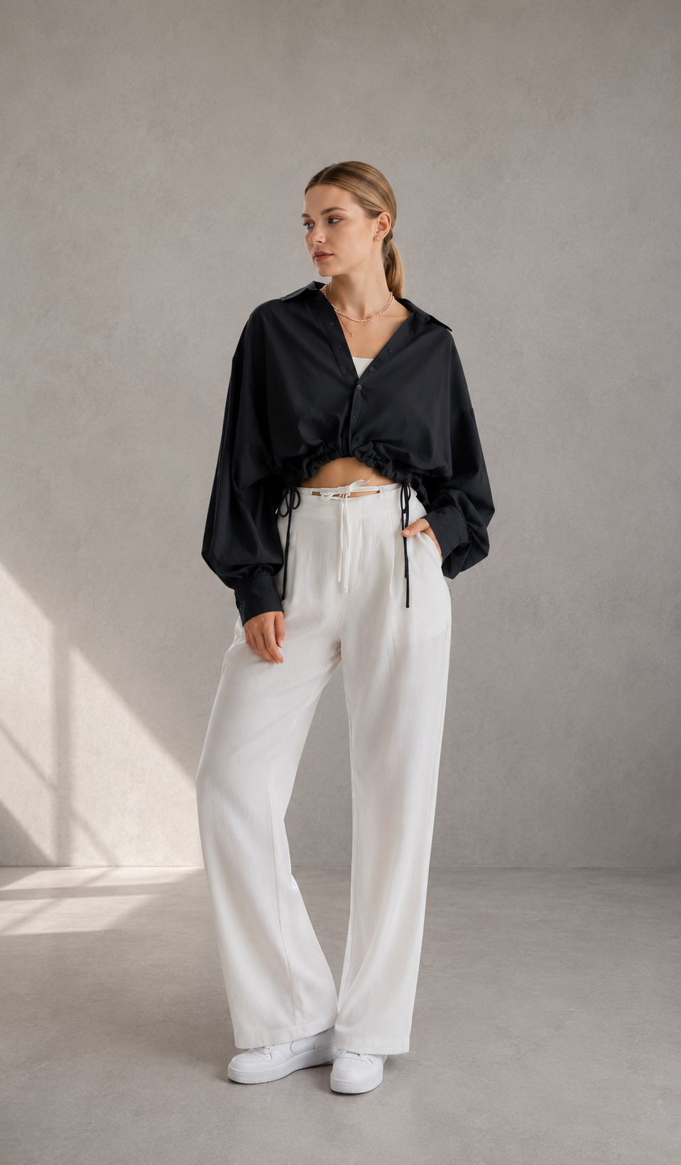 Midnight Muse Drawstring Crop Shirt