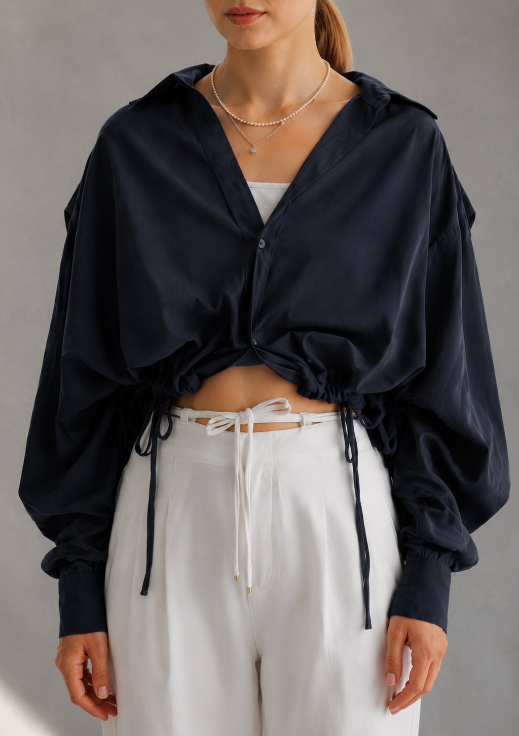 Midnight Muse Drawstring Crop Shirt