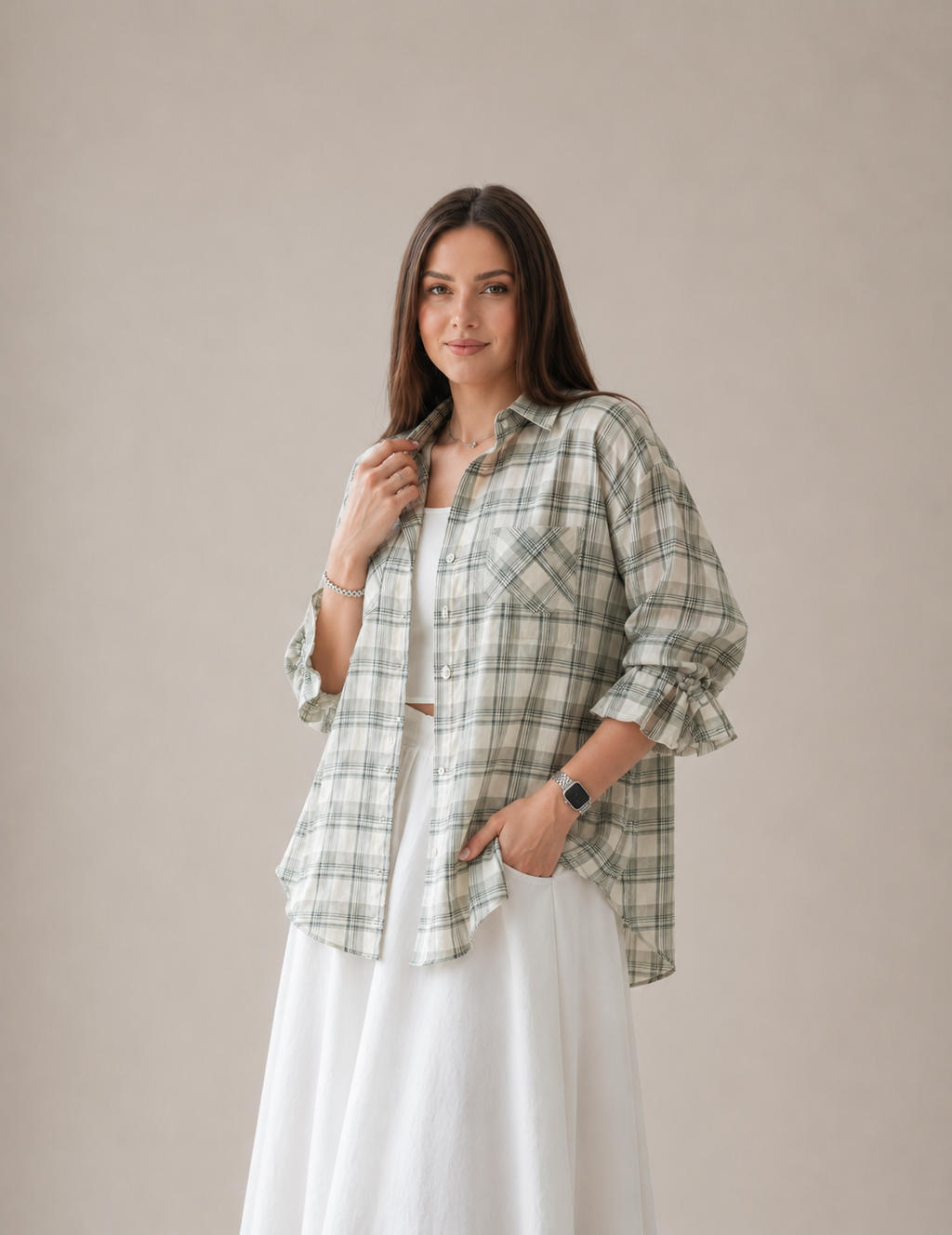 Sage Whisper Oversized Plaid Shirt