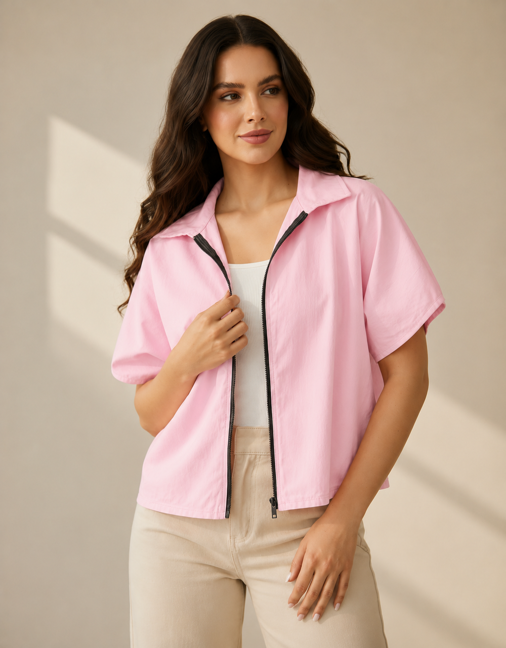 Blush Breeze Cotton Zip-Up Shirt