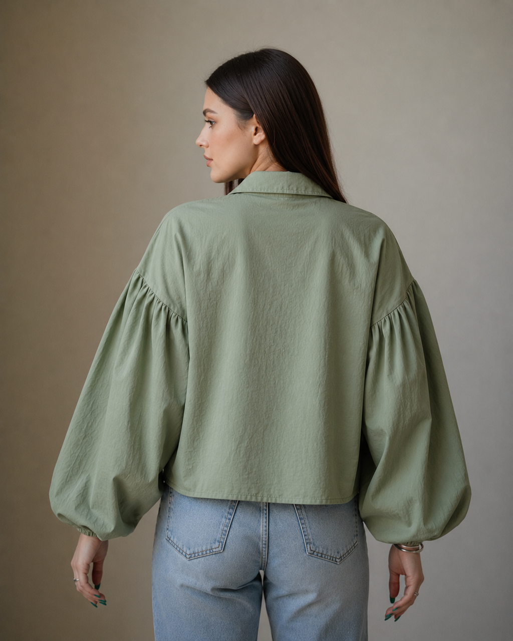 Sage Green Teddy Patch Balloon Sleeve Shirt