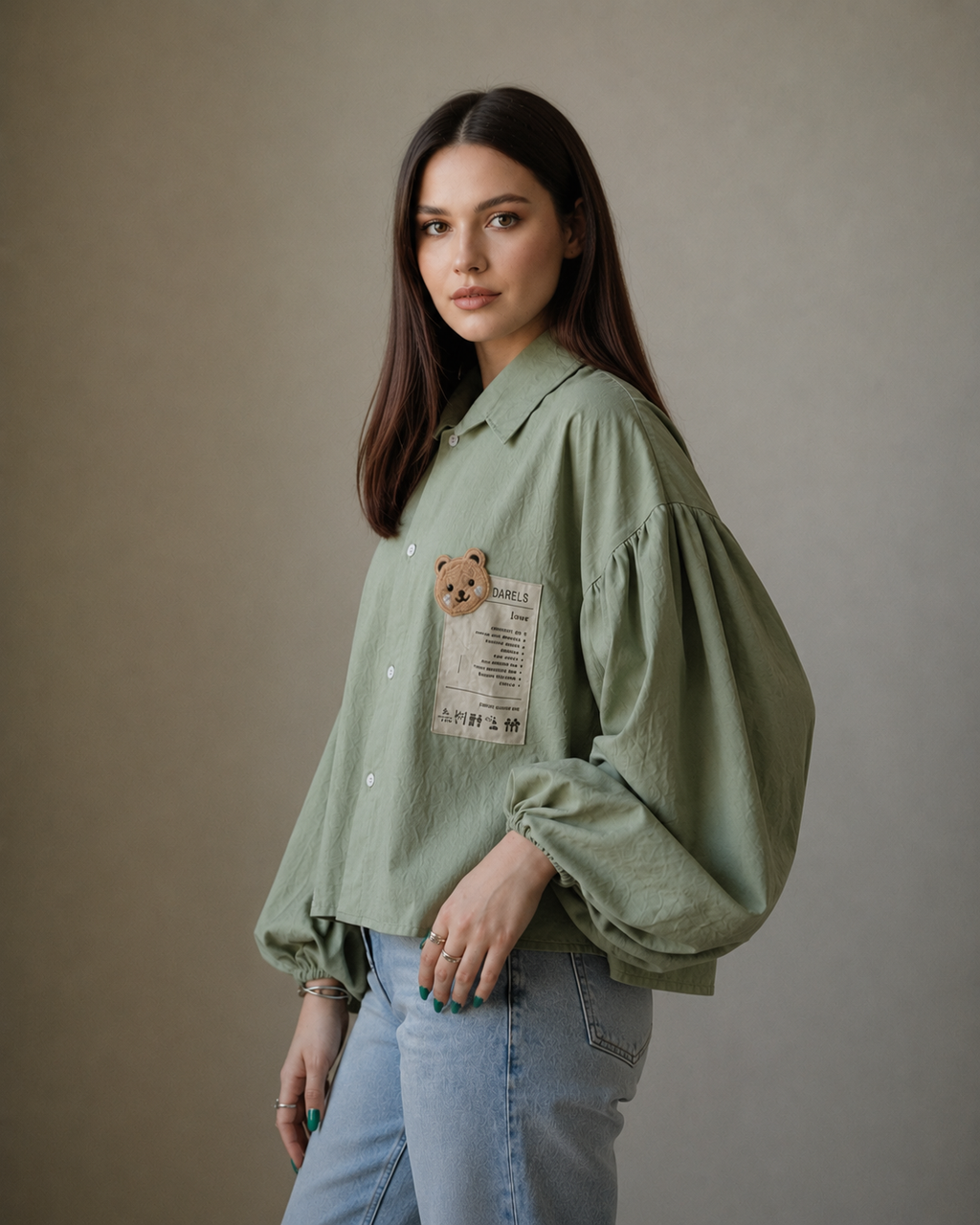 Sage Green Teddy Patch Balloon Sleeve Shirt