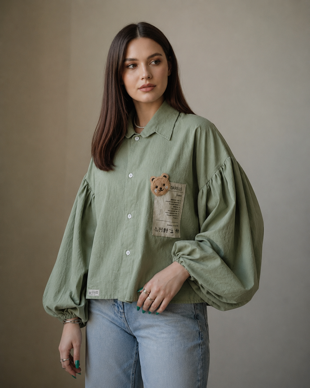 Sage Green Teddy Patch Balloon Sleeve Shirt