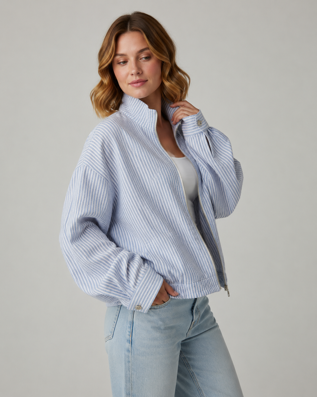 Sky Mist Oversized Striped Zip Shirt