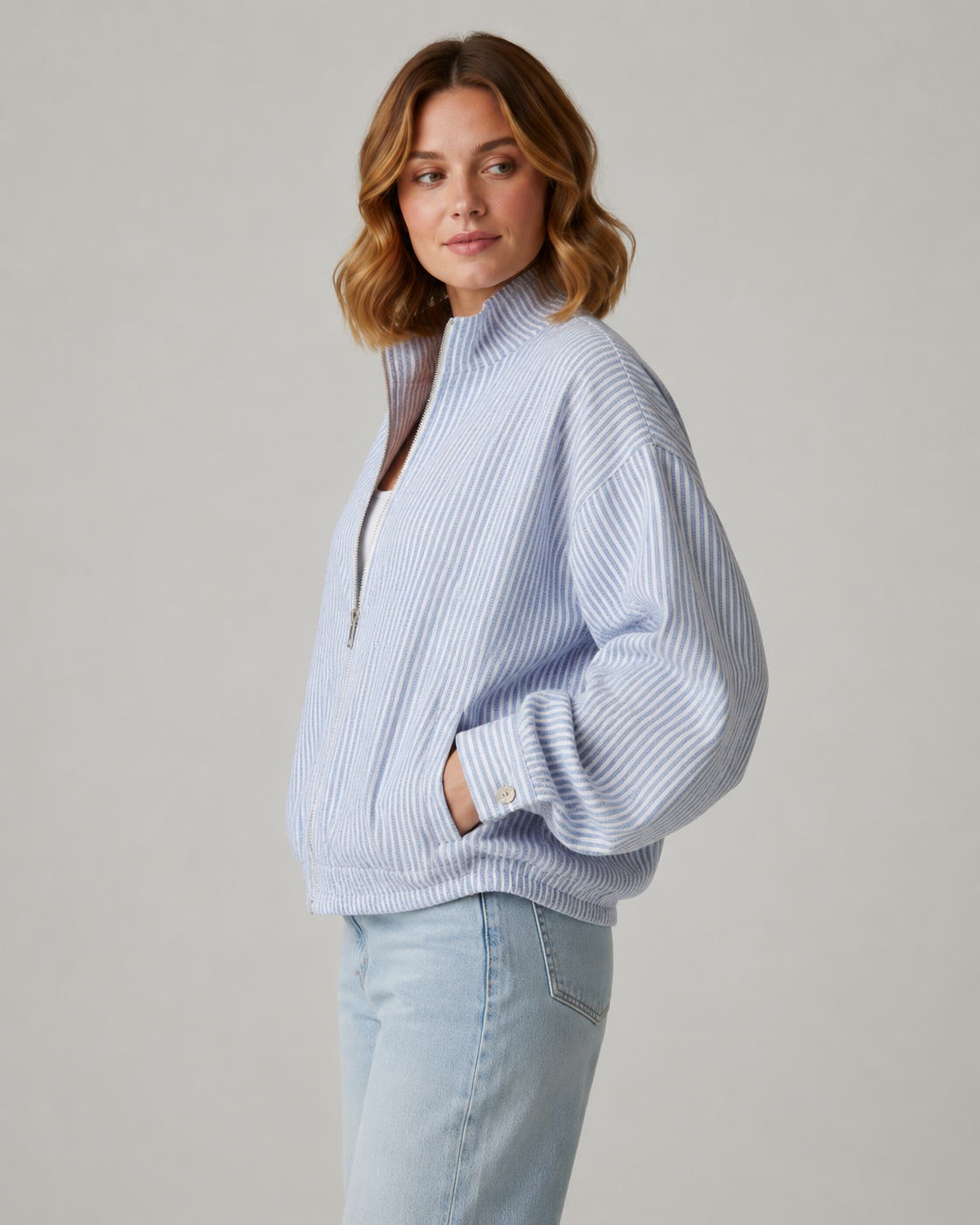 Sky Mist Oversized Striped Zip Shirt