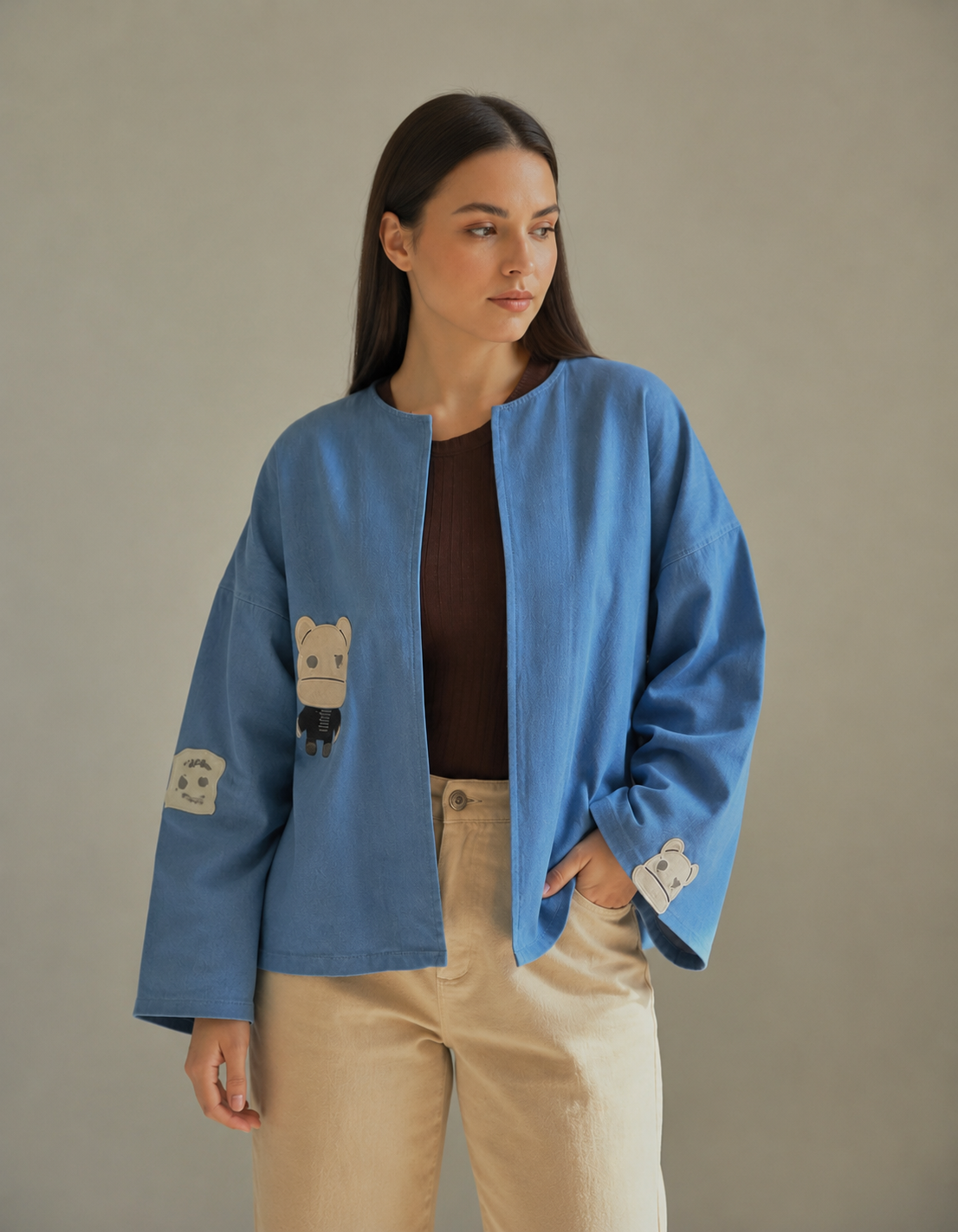 Sky Blue Bear Patch Cotton Oversized Shirt