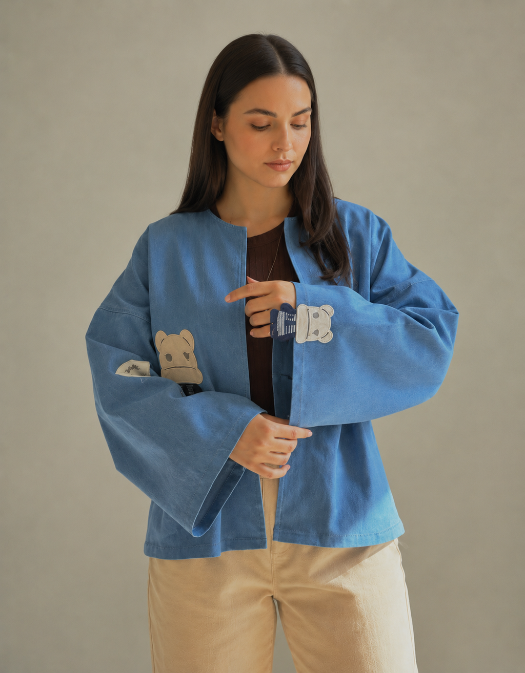 Sky Blue Bear Patch Cotton Oversized Shirt