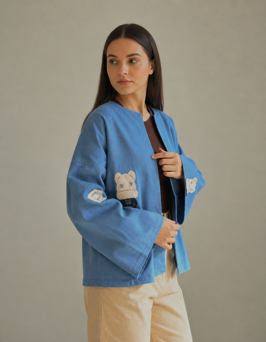 Sky Blue Bear Patch Cotton Oversized Shirt
