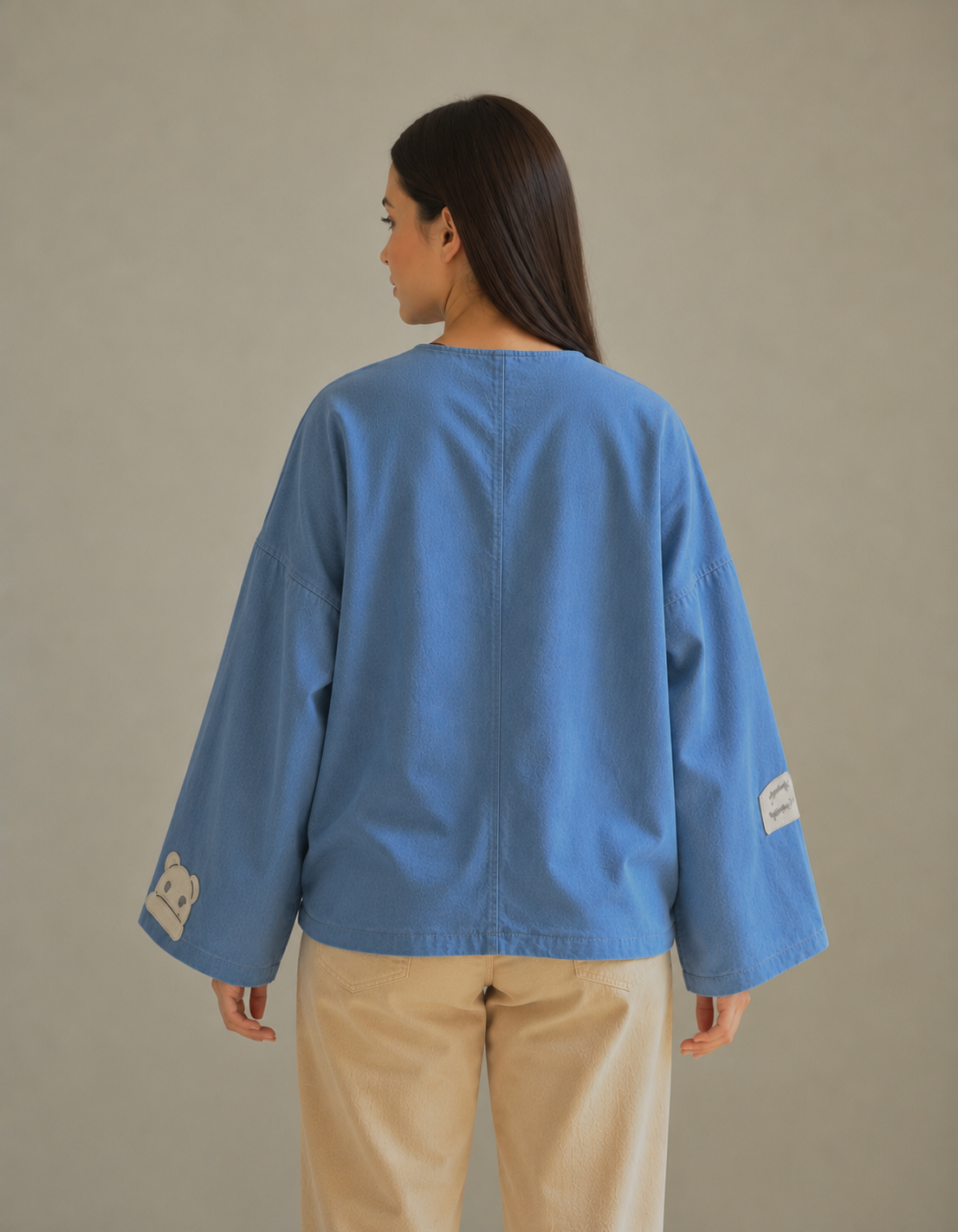 Sky Blue Bear Patch Cotton Oversized Shirt