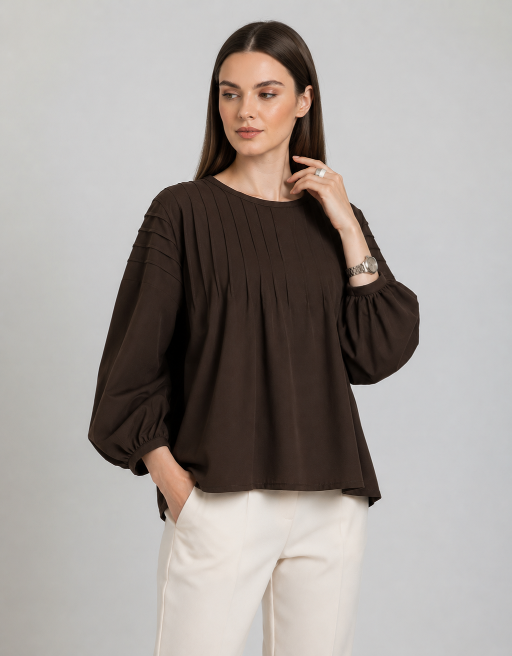 Mocha Grace Pleated Blouse