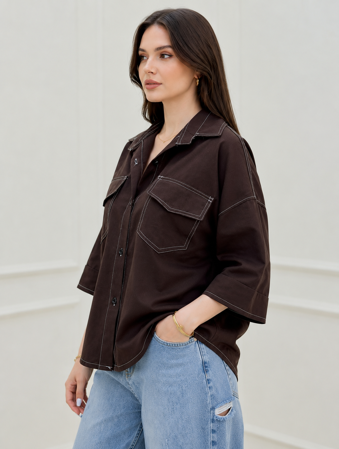 Mocha Contrast Stitch Oversized Shirt