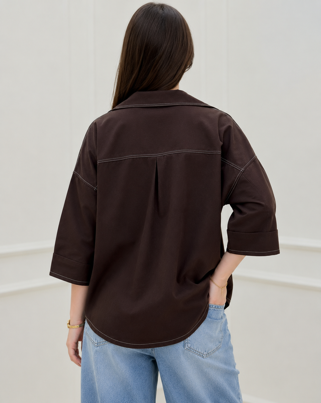 Mocha Contrast Stitch Oversized Shirt