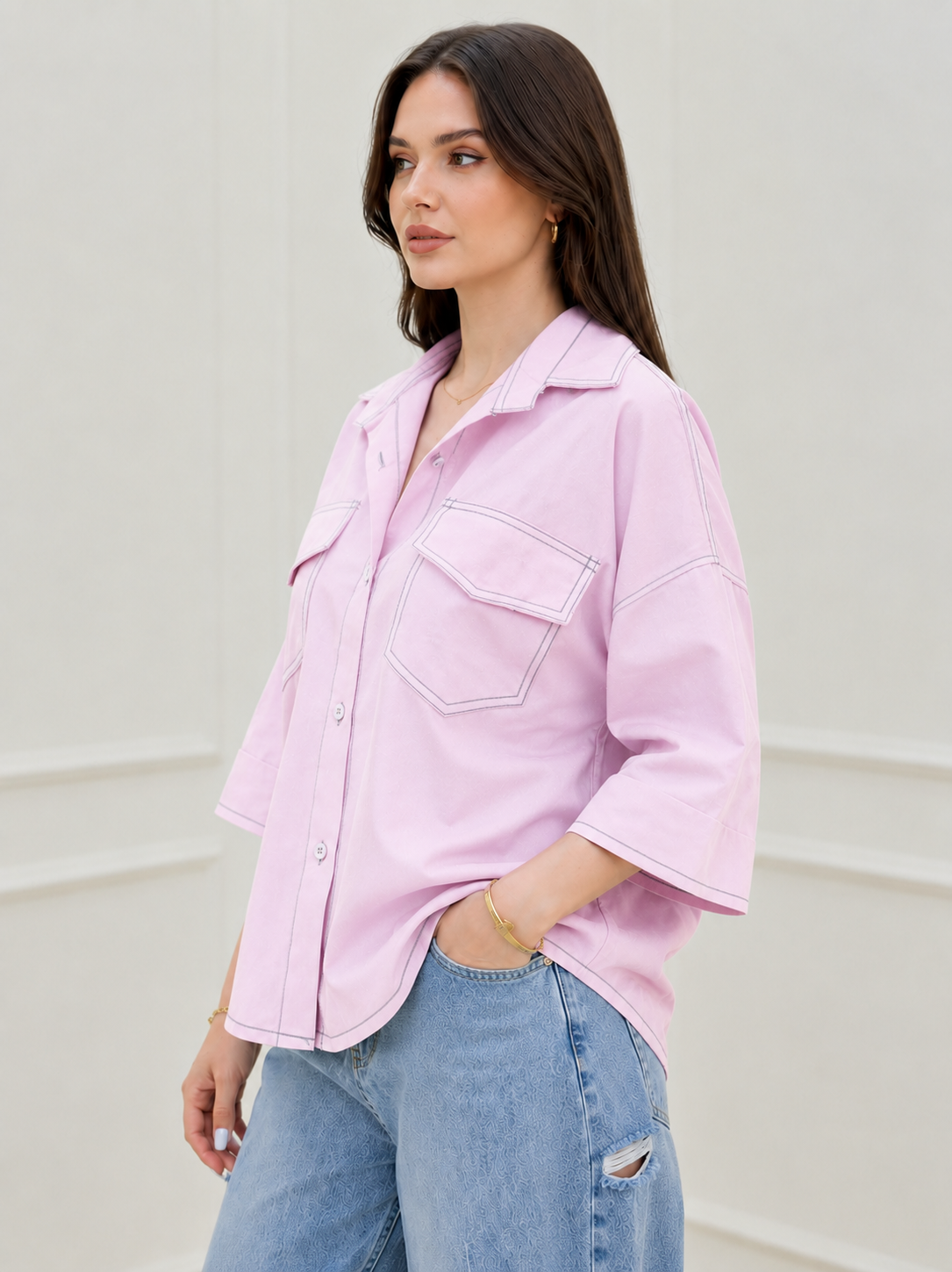 Blush Contrast Stitch Oversized Shirt