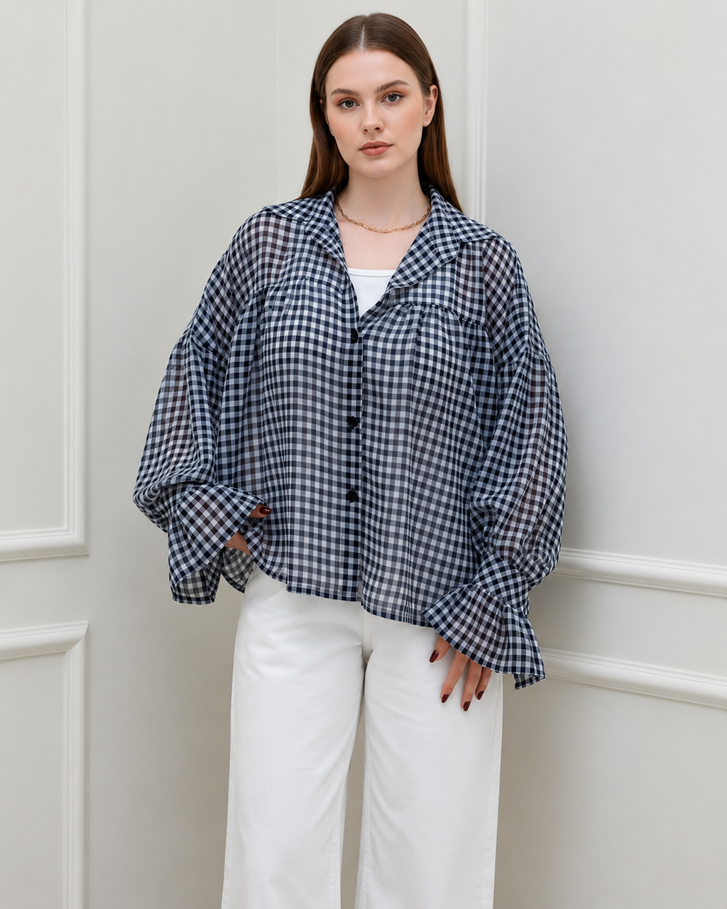Midnight Gingham Sheer Oversized Shirt