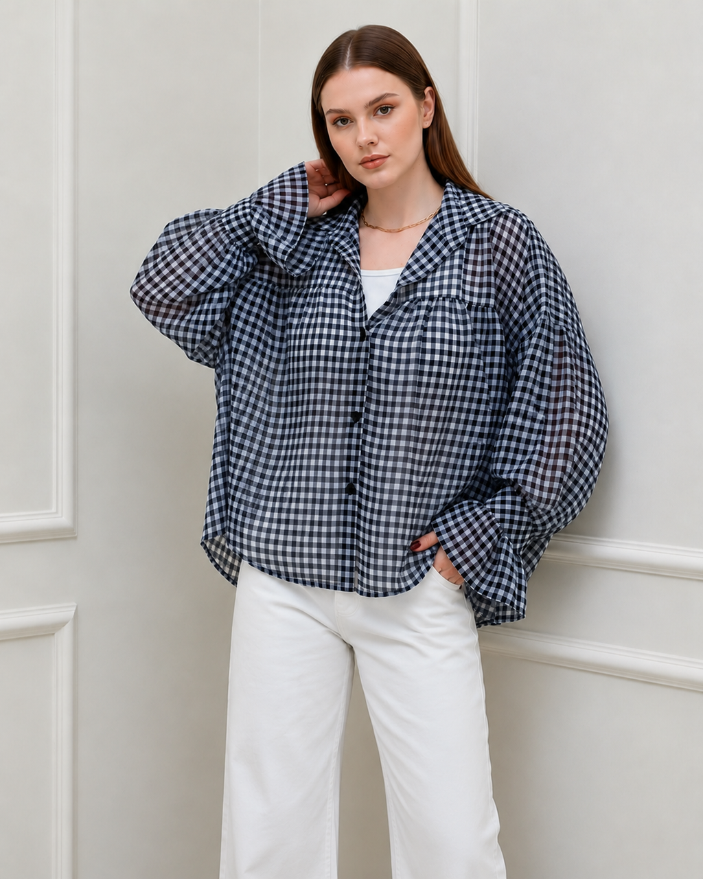 Midnight Gingham Sheer Oversized Shirt